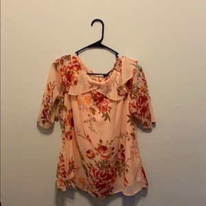 Cold shoulder peach coral floral organza blouse